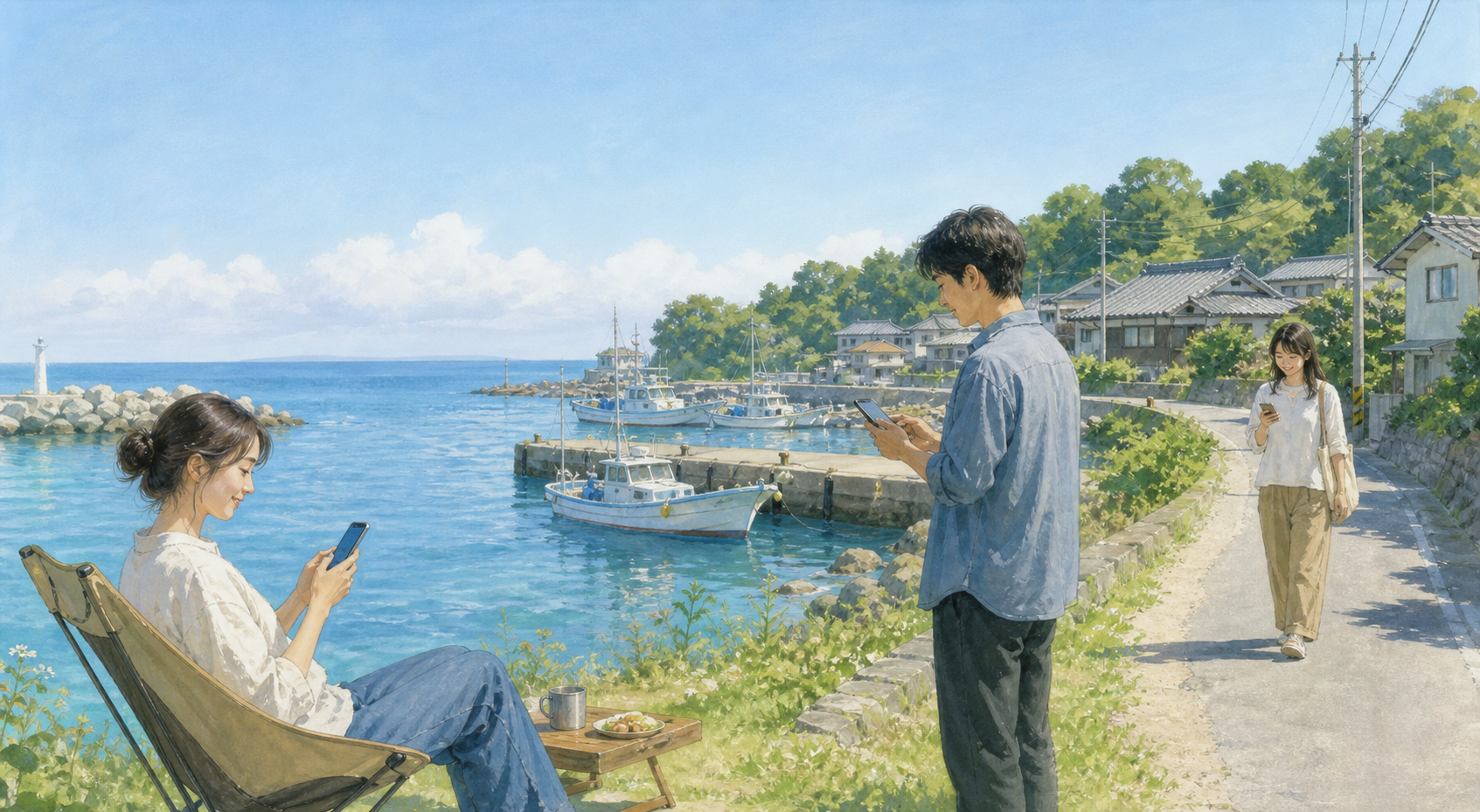 自然豊かな海辺の集落でスマートフォンを使う人々