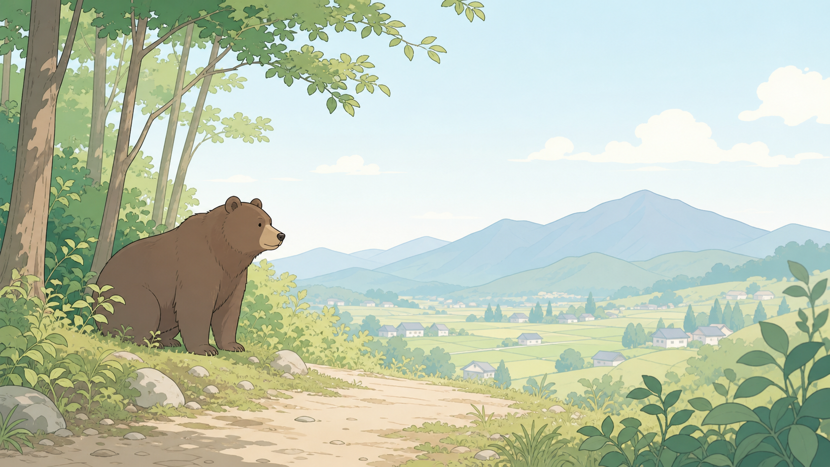 人里近くの山からふもとの集落を見下ろすツキノワグマのイラスト